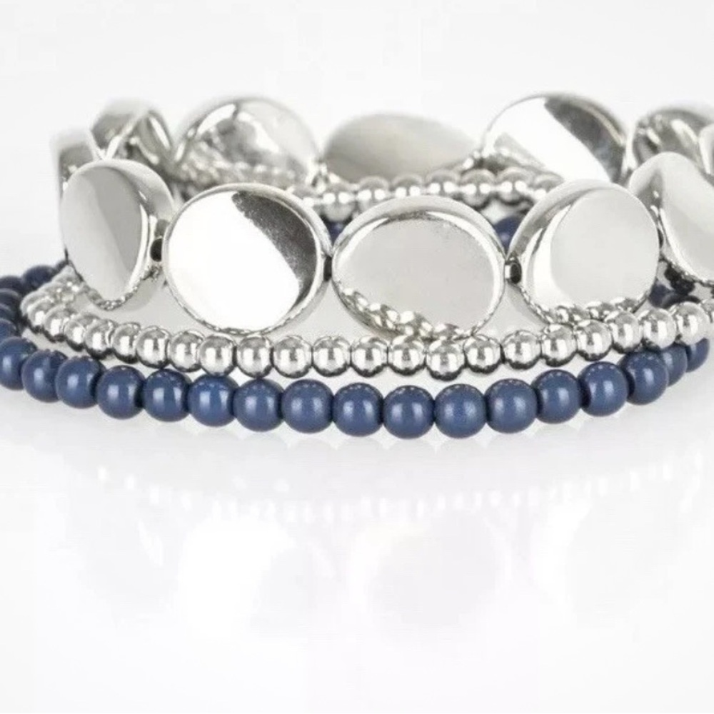 Paparazzi Beyond The Basics Blue Sea Beads & Silver Stretch Bracelet Nickel Free - Picture 2 of 2